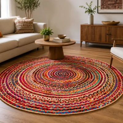 Handwoven Round Multicolor Boho Jute Rug