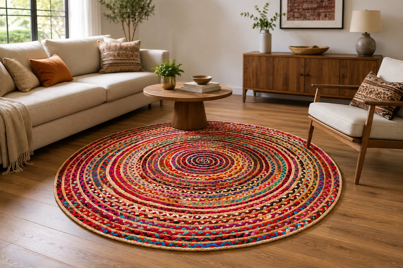 Handwoven Round Multicolor Boho Jute Rug