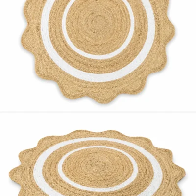 Round Jute Rug – Handwoven Natural Boho Area Rug with White Border