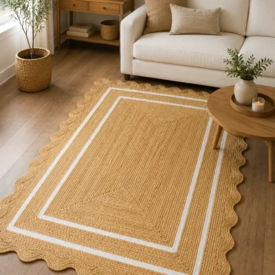 Handmade Scalloped Jute Area Rug | Natural Braided Farmhouse Rug with White Border