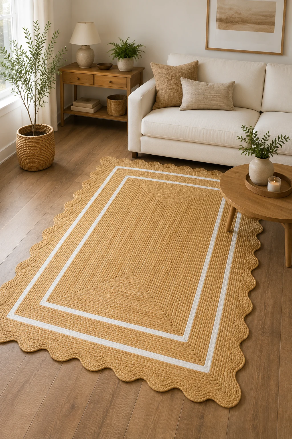 Handmade Scalloped Jute Area Rug | Natural Braided Farmhouse Rug with White Border