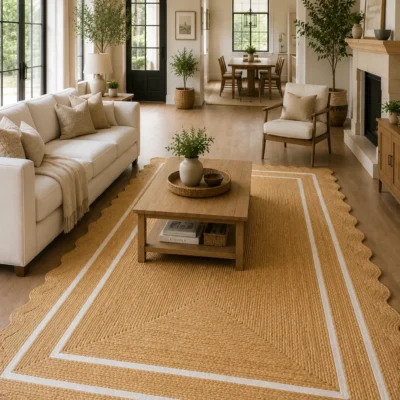Handmade Scalloped Jute Area Rug | Natural Braided Farmhouse Rug with White Border