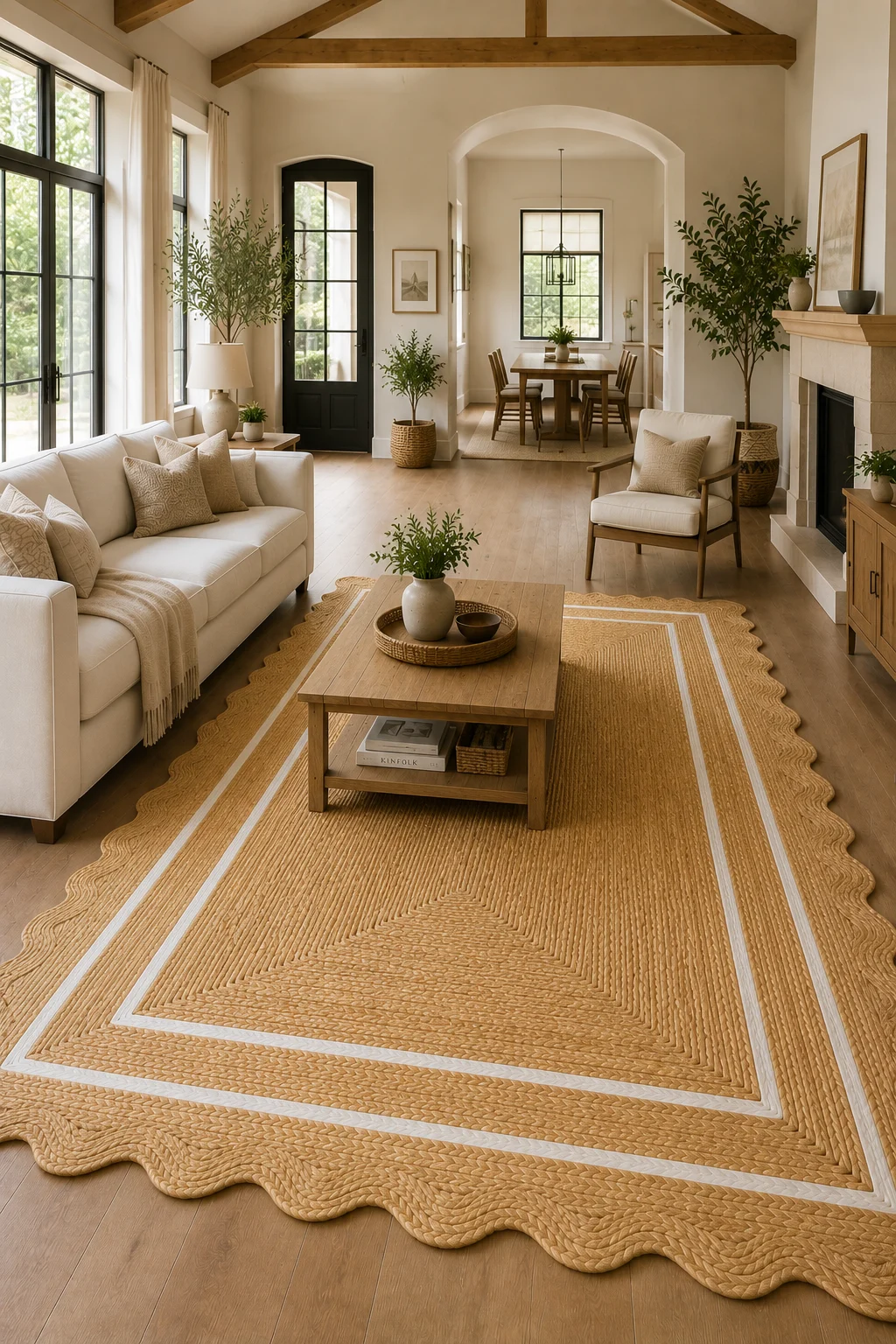 Handmade Scalloped Jute Area Rug | Natural Braided Farmhouse Rug with White Border