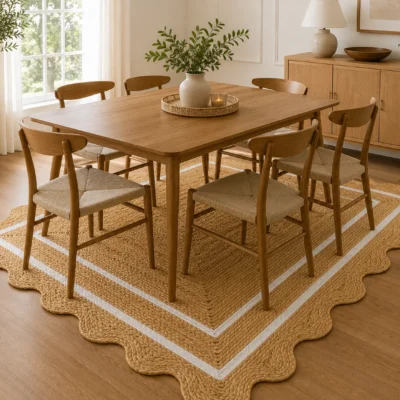 Handmade Scalloped Jute Area Rug | Natural Braided Farmhouse Rug with White Border