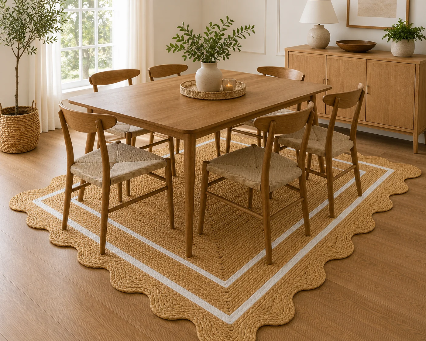 Handmade Scalloped Jute Area Rug | Natural Braided Farmhouse Rug with White Border