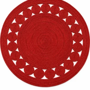 Handmade Red Round Jute Rug with Braided Boho Design  Eco-Friendly Area Rug