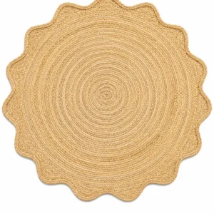 Handcrafted Round Jute Rug with Scalloped Edge | Natural Braided Boho Area Rug