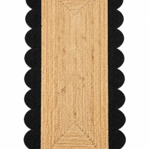 Handmade black and natural jute runner rug with scalloped border