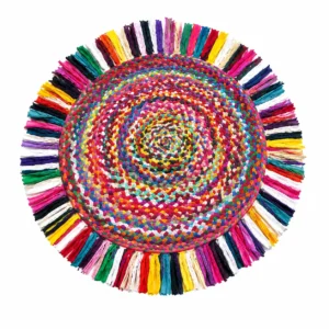 Handmade Multicolor Round Rag Rug with Fringe – Boho Braided Area Rug