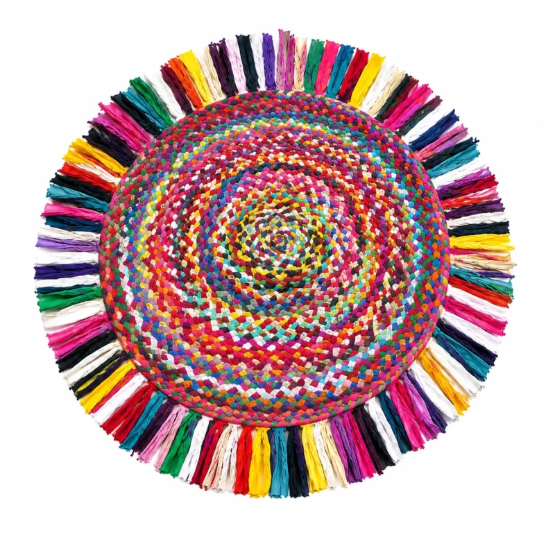 Handmade Multicolor Round Rag Rug with Fringe – Boho Braided Area Rug11 Handmade Multicolor Round Rag Rug with Fringe – Boho Braided Area Rug
