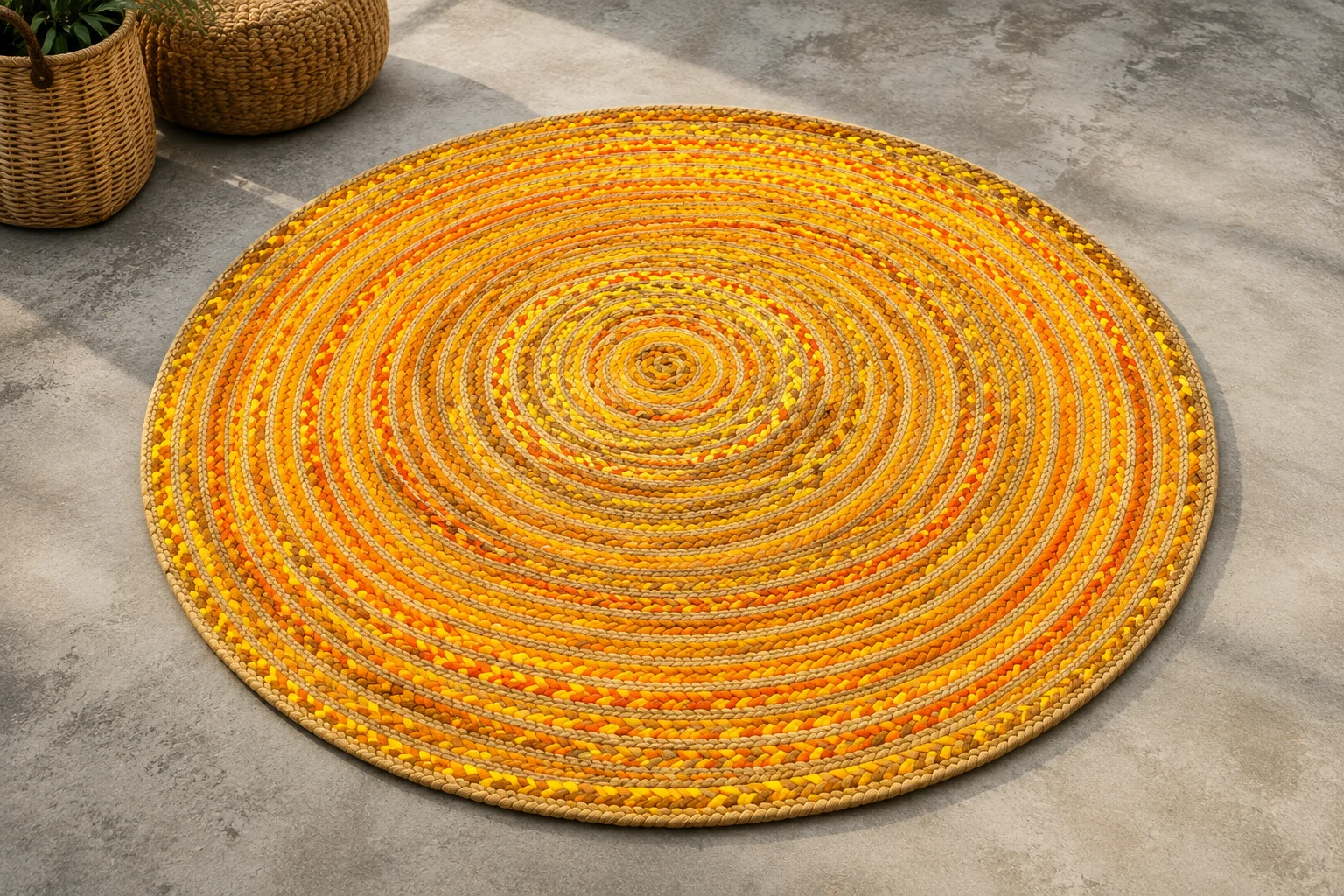 Handmade Yellow Braided Round Jute Rug
