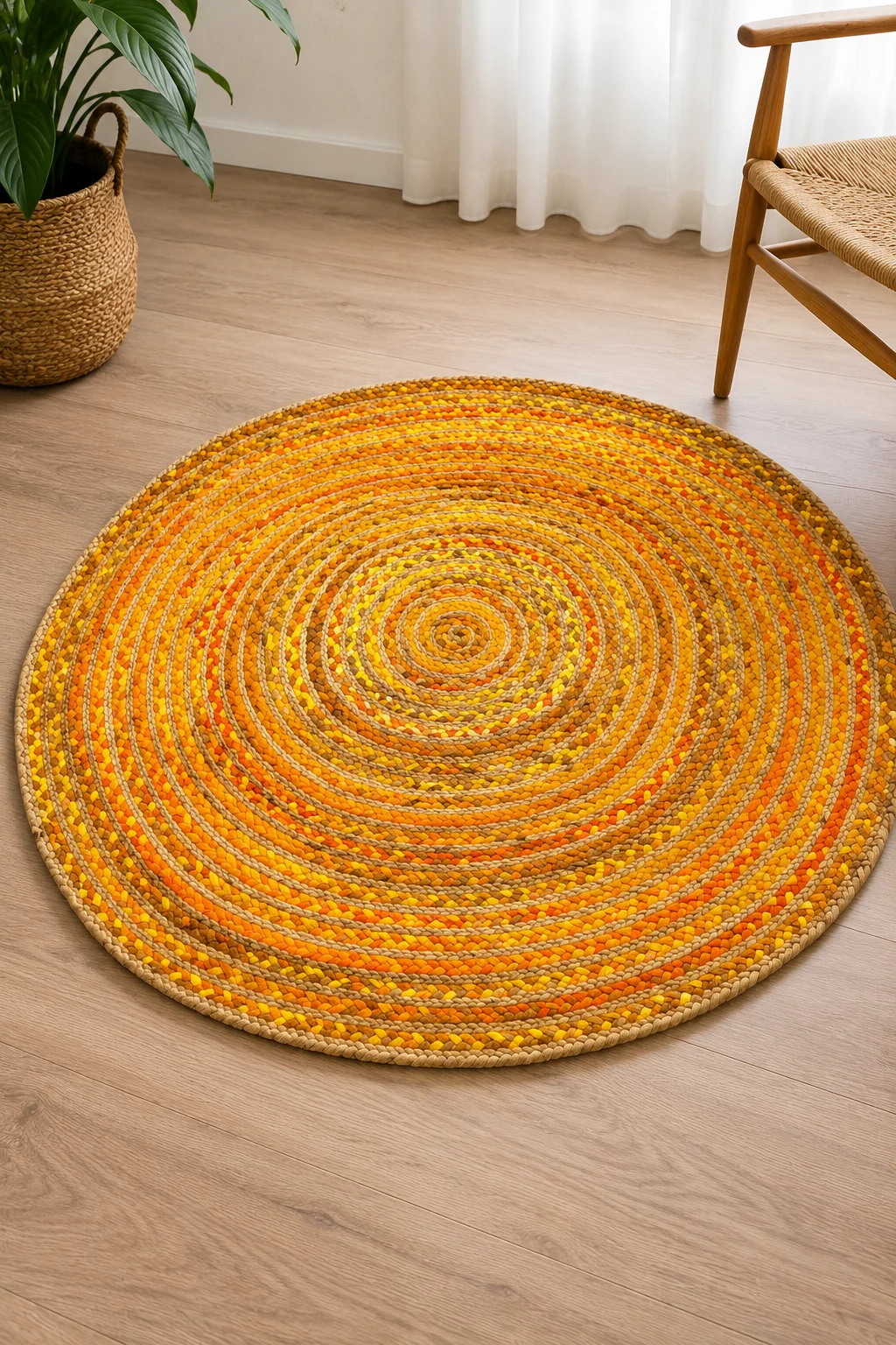 Handmade Yellow Braided Round Jute Rug