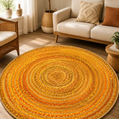 Handmade Yellow Braided Round Jute Rug