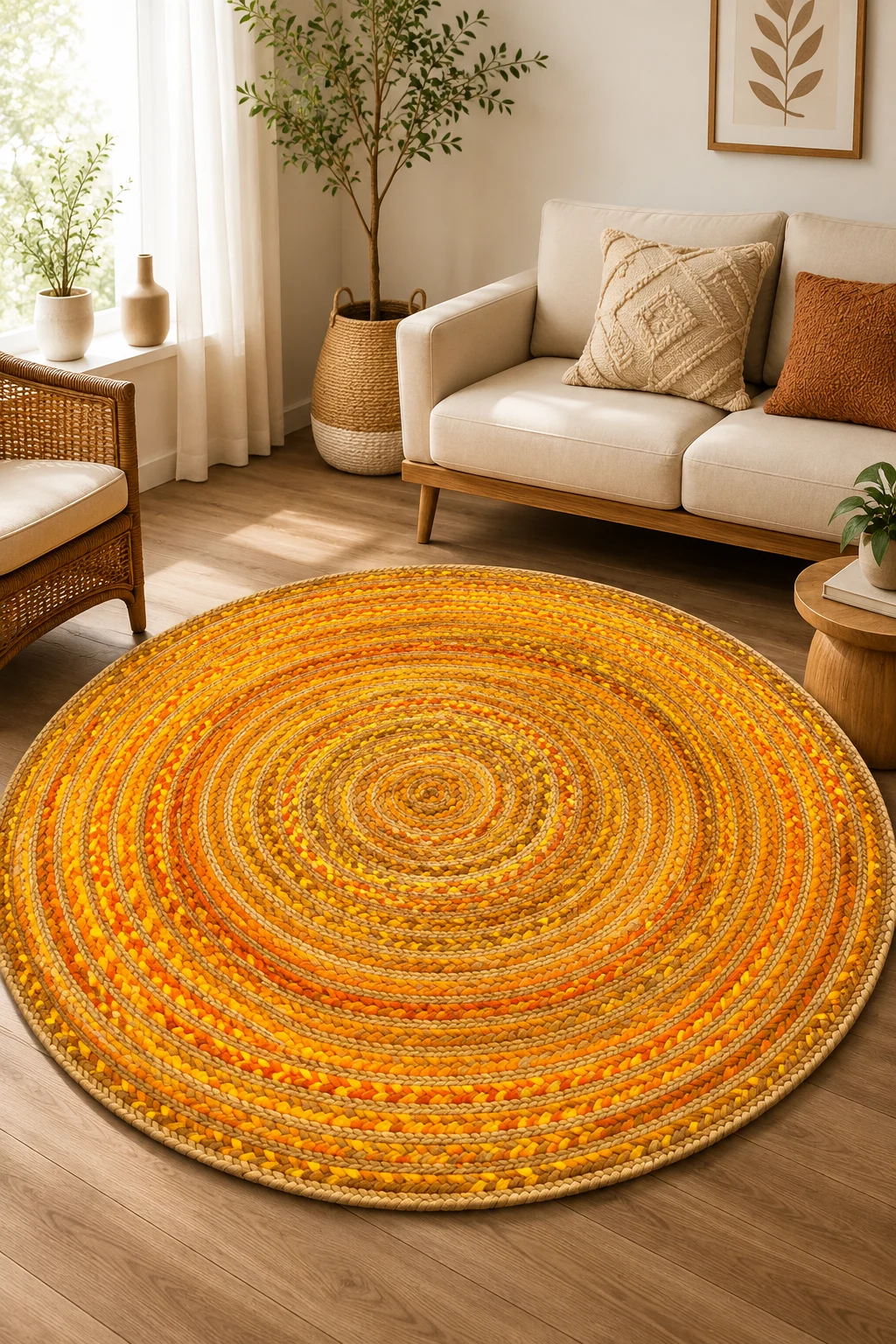 Handmade Yellow Braided Round Jute Rug
