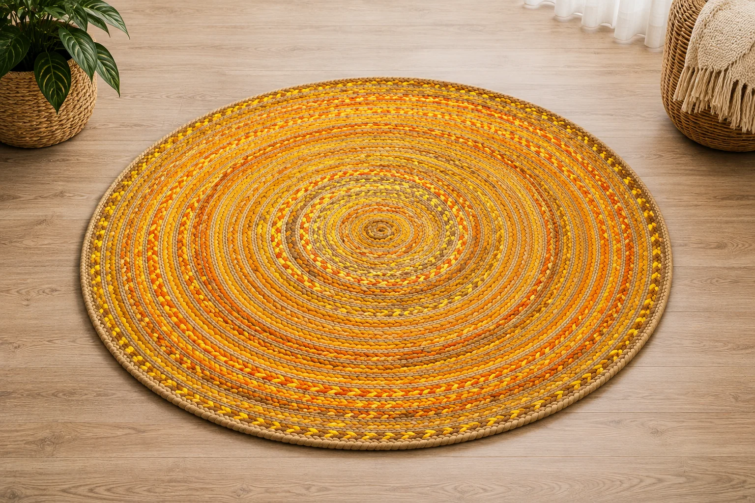 Handmade Yellow Braided Round Jute Rug
