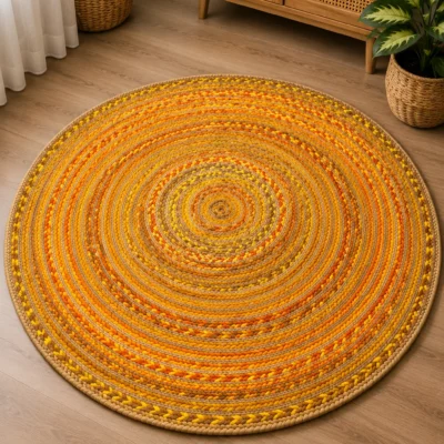 Handmade Yellow Braided Round Jute Rug