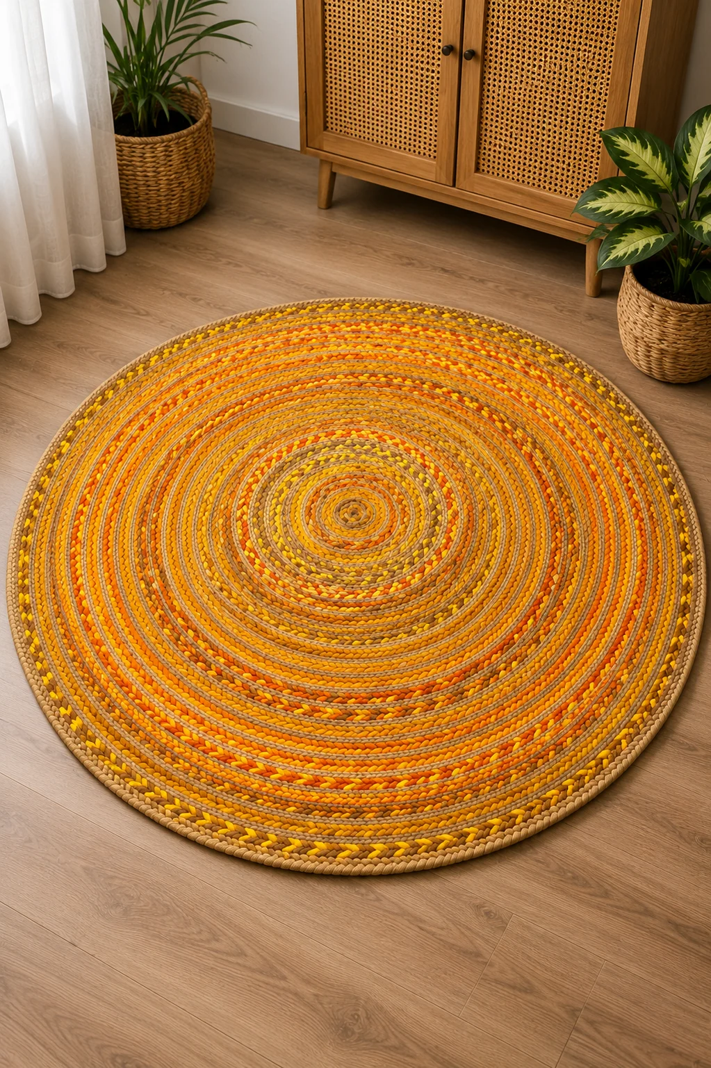 Handmade Yellow Braided Round Jute Rug
