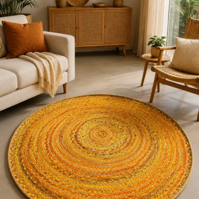 Handmade Yellow Braided Round Jute Rug