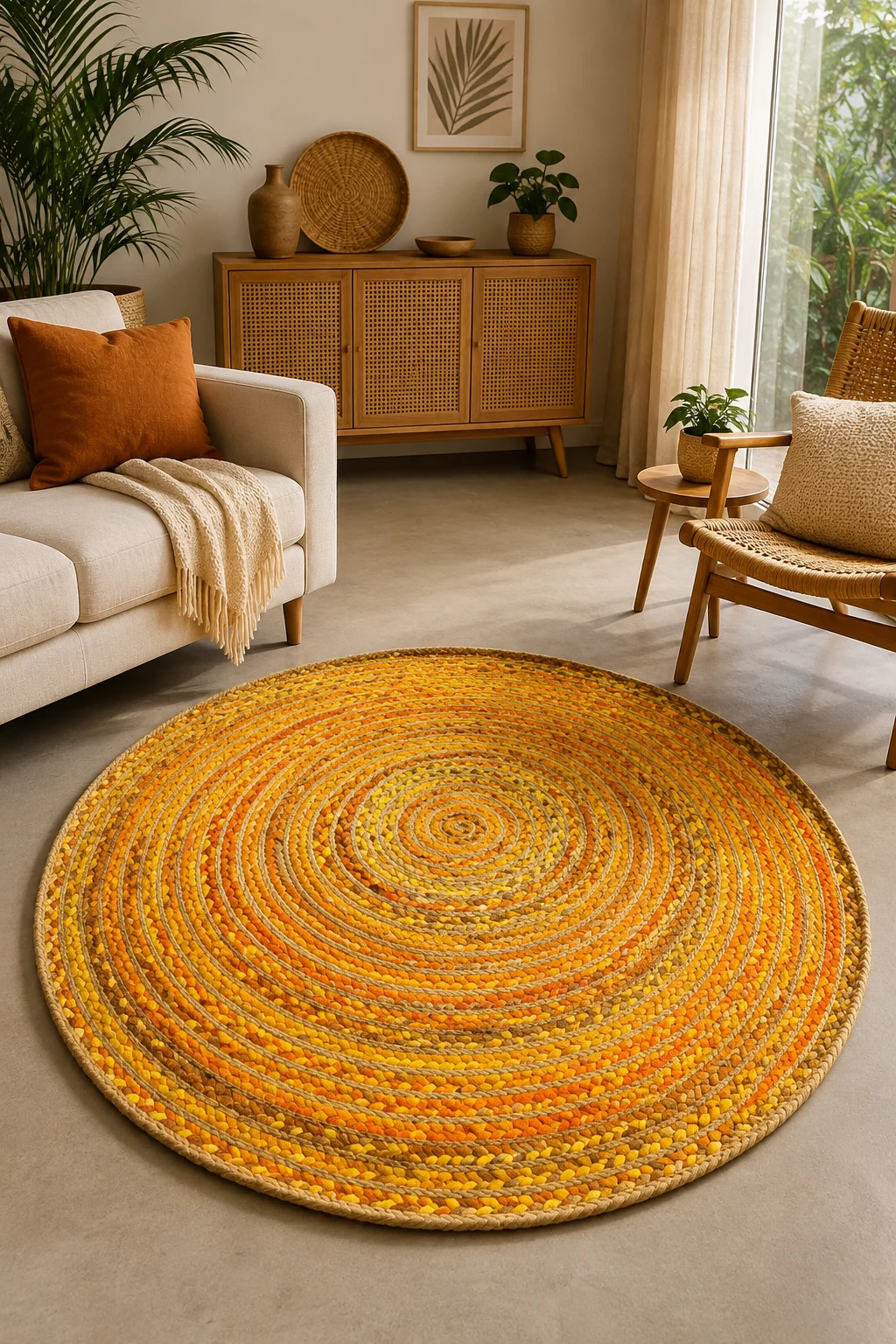 Handmade Yellow Braided Round Jute Rug