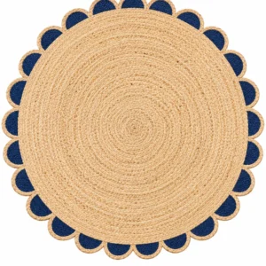 Handwoven Oval Jute Rug with Navy Blue Scalloped Border