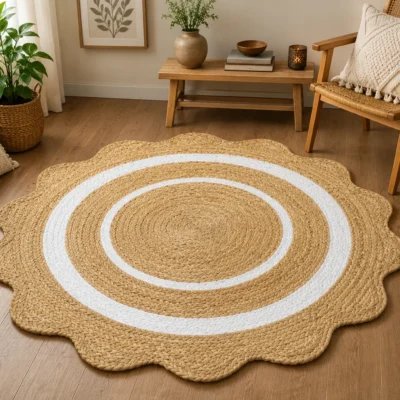 Round Jute Rug – Handwoven Natural Boho Area Rug with White Border