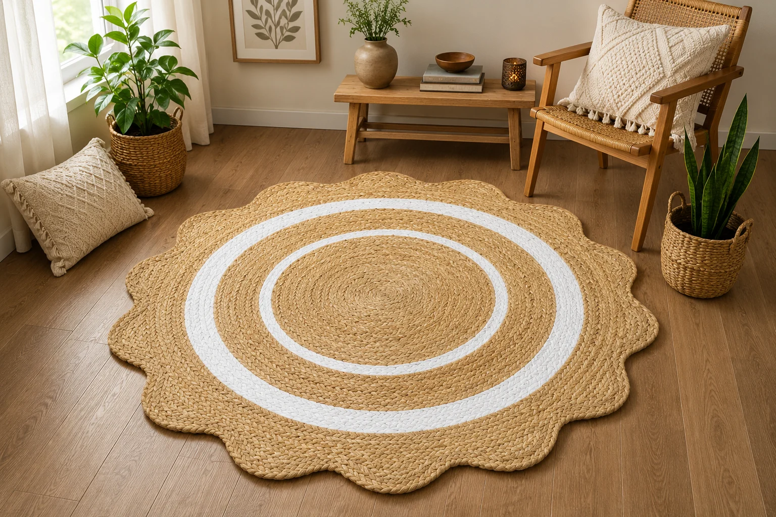 Round Jute Rug – Handwoven Natural Boho Area Rug with White Border