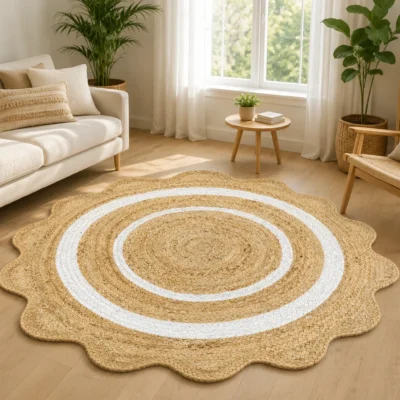 Round Jute Rug – Handwoven Natural Boho Area Rug with White Border