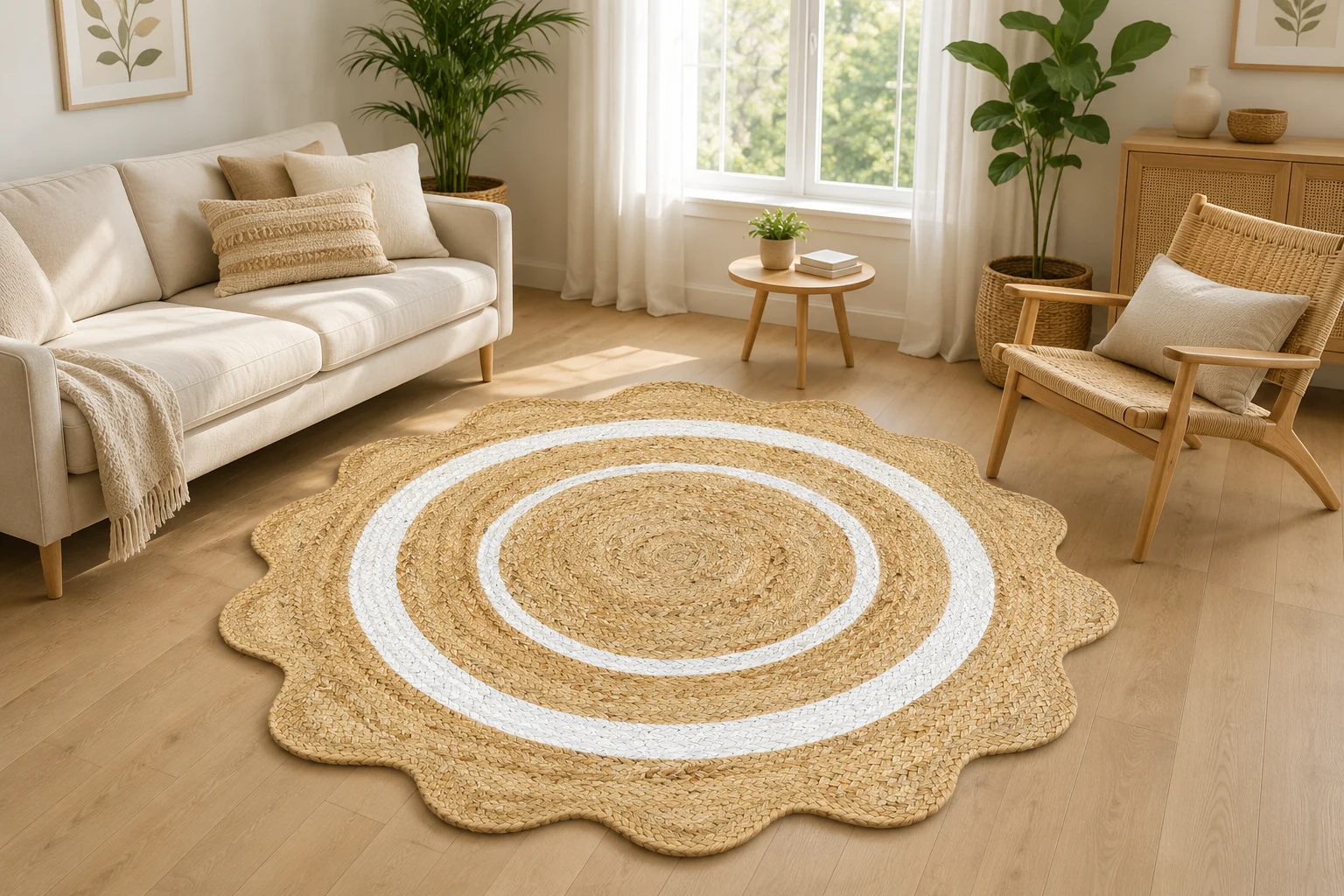 Round Jute Rug – Handwoven Natural Boho Area Rug with White Border