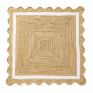 Natural Beige & White Jute Rug – Handmade Scalloped Border Area Rug