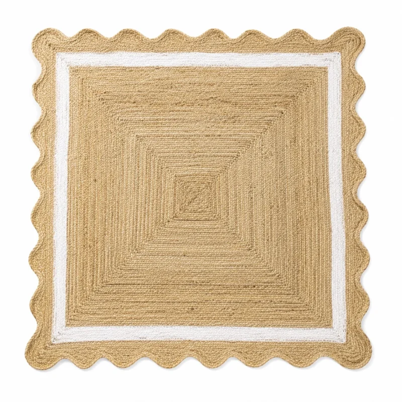 Natural Beige & White Jute Rug – Handmade Scalloped Border Area Rug2 Natural Beige & White Jute Rug – Handmade Scalloped Border Area Rug