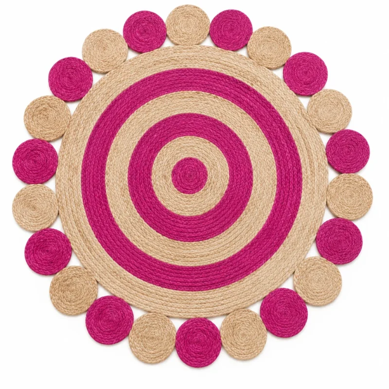 Pink round jute rug handmade braided natural fiber Pink Round Jute Rug – Handmade Braided Natural Fiber Area Rug
