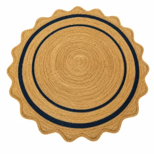 Handcrafted Round Jute Rug with Navy Blue Border | Scalloped Boho Decorative Area Rug