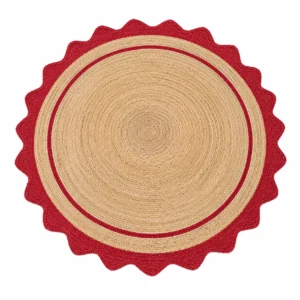 Red & Natural Round Jute Rug Handmade Scalloped Braided Area Rug