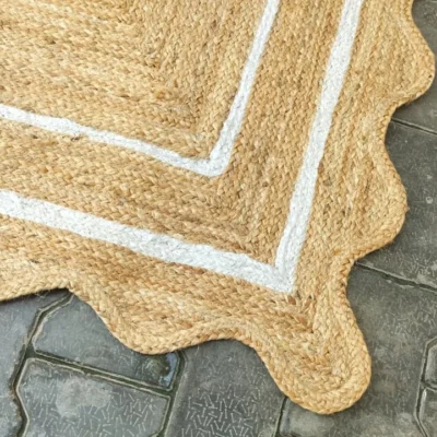 Handmade Scalloped Jute Area Rug | Natural Braided Farmhouse Rug with White Border
