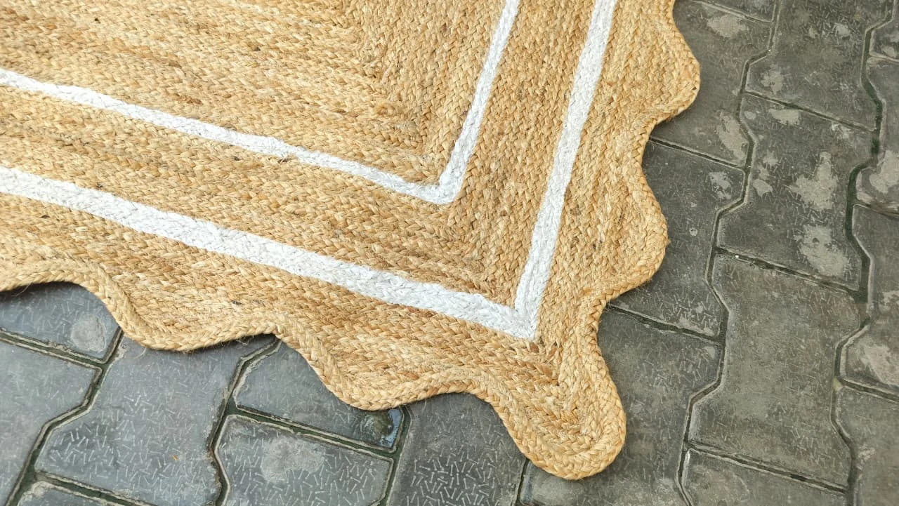 Handmade Scalloped Jute Area Rug | Natural Braided Farmhouse Rug with White Border