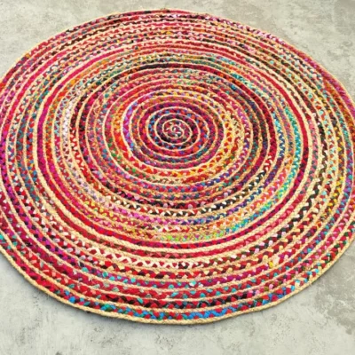 Handwoven Round Multicolor Boho Jute Rug
