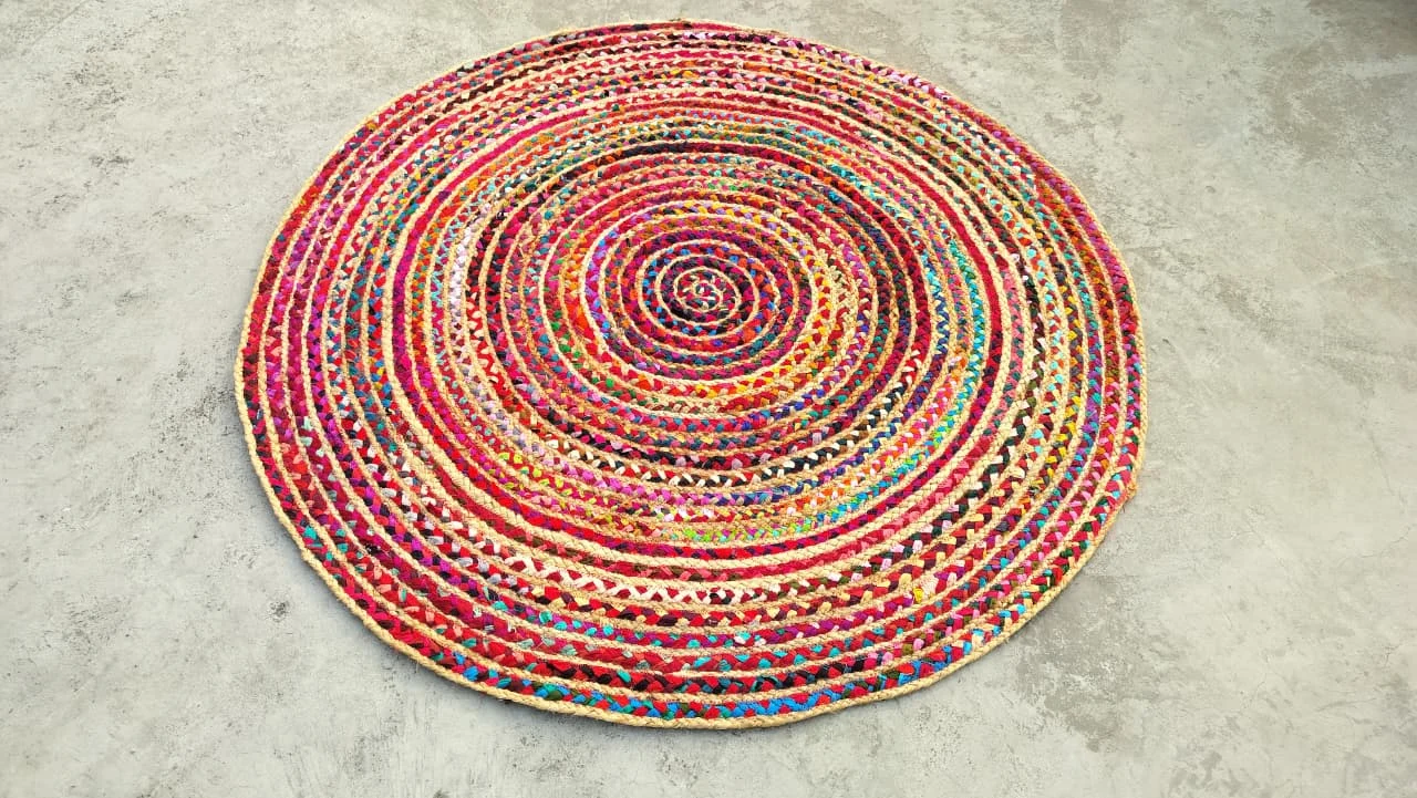Handwoven Round Multicolor Boho Jute Rug