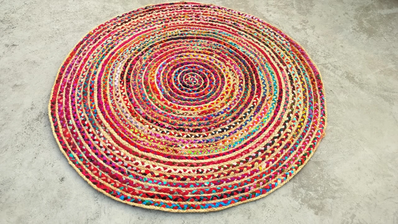 Handwoven Round Multicolor Boho Jute Rug