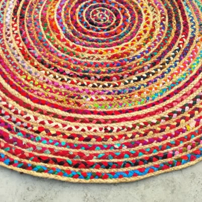 Handwoven Round Multicolor Boho Jute Rug