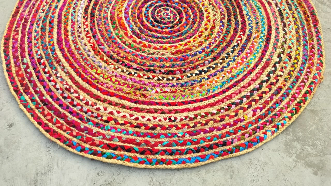 Handwoven Round Multicolor Boho Jute Rug