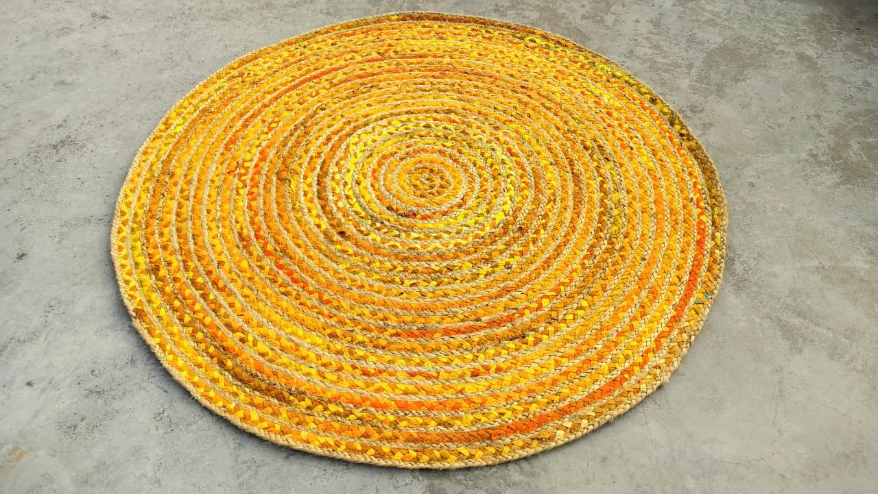 Handmade Yellow Braided Round Jute Rug