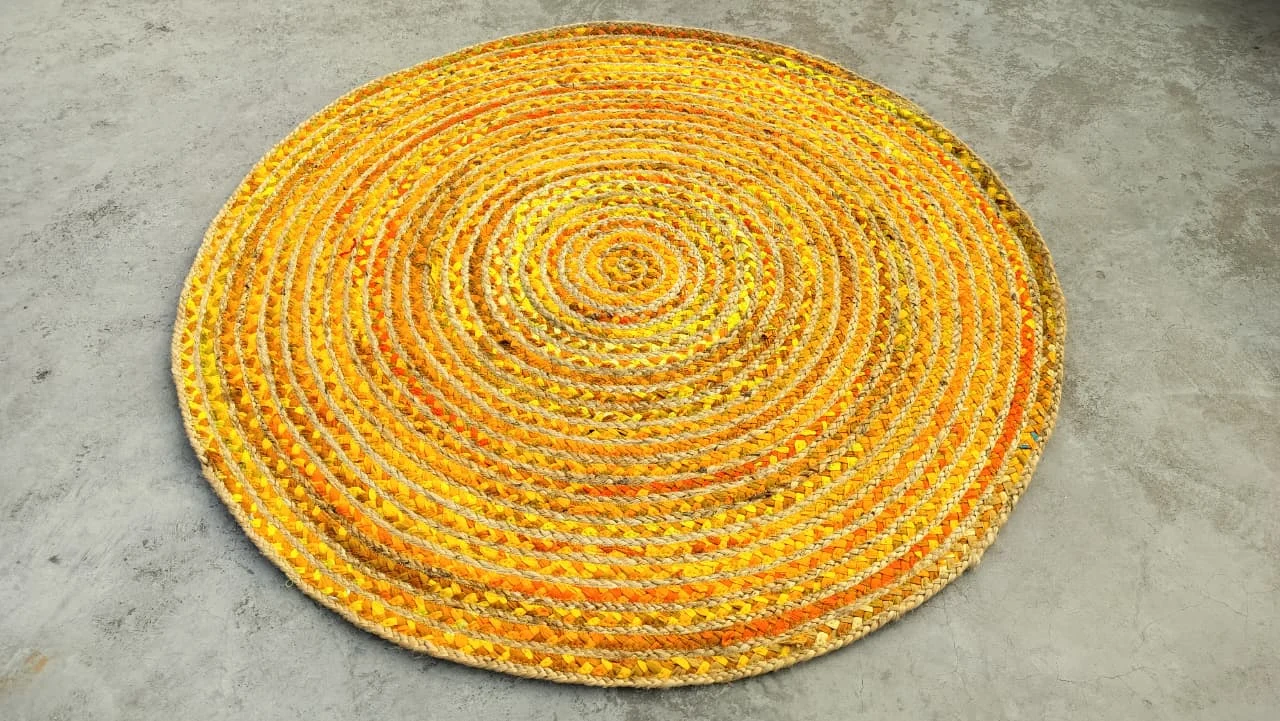Handmade Yellow Braided Round Jute Rug