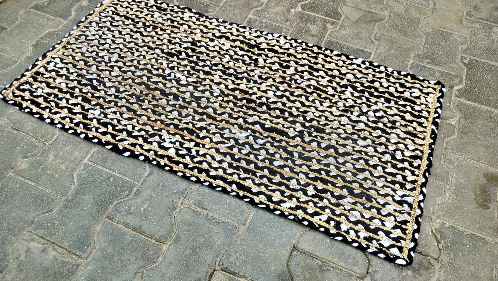 Handmade Black & Natural Braided Cotton Jute Area Rug