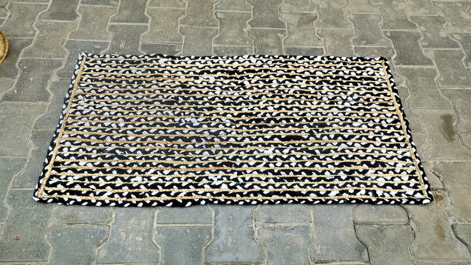 Handmade Black & Natural Braided Cotton Jute Area Rug