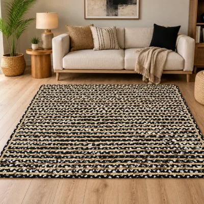 Handmade Black & Natural Braided Cotton Jute Area Rug