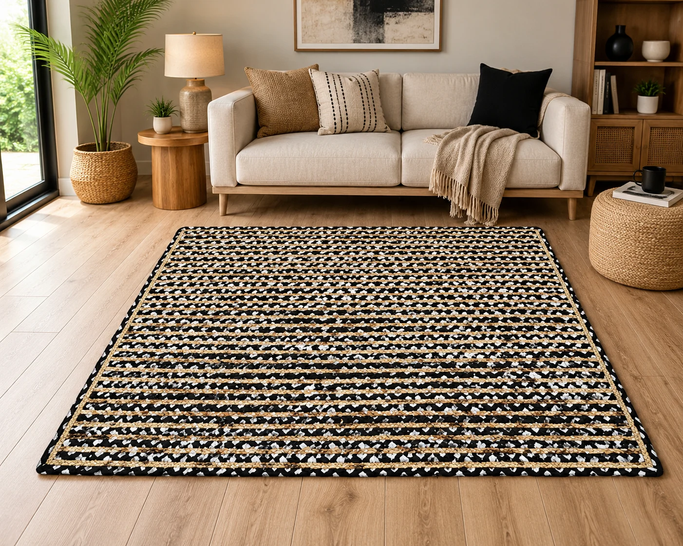 Handmade Black & Natural Braided Cotton Jute Area Rug