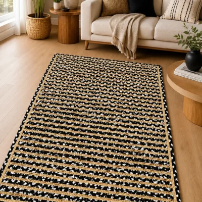 Handmade Black & Natural Braided Cotton Jute Area Rug