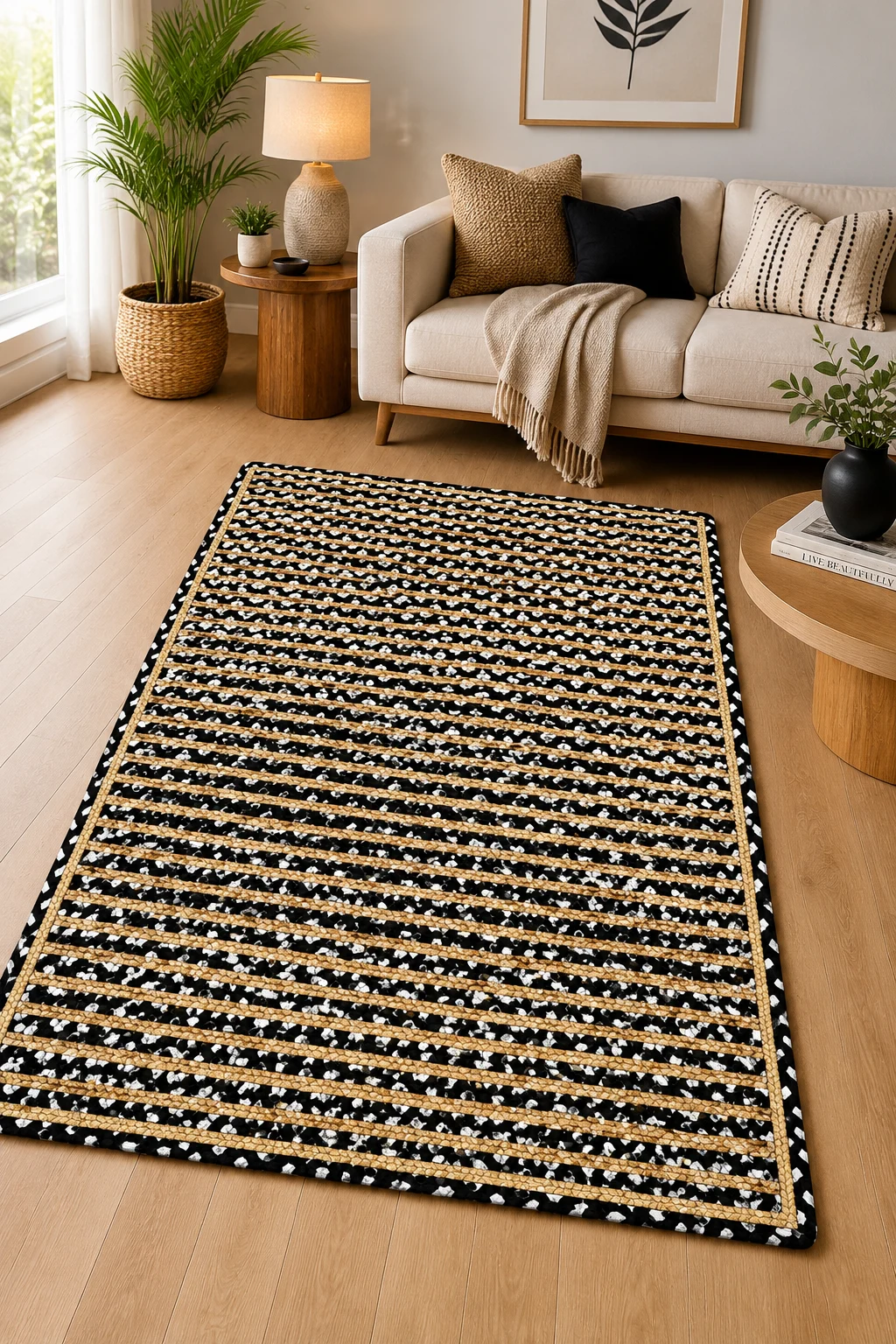 Handmade Black & Natural Braided Cotton Jute Area Rug