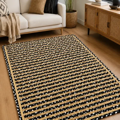 Handmade Black & Natural Braided Cotton Jute Area Rug