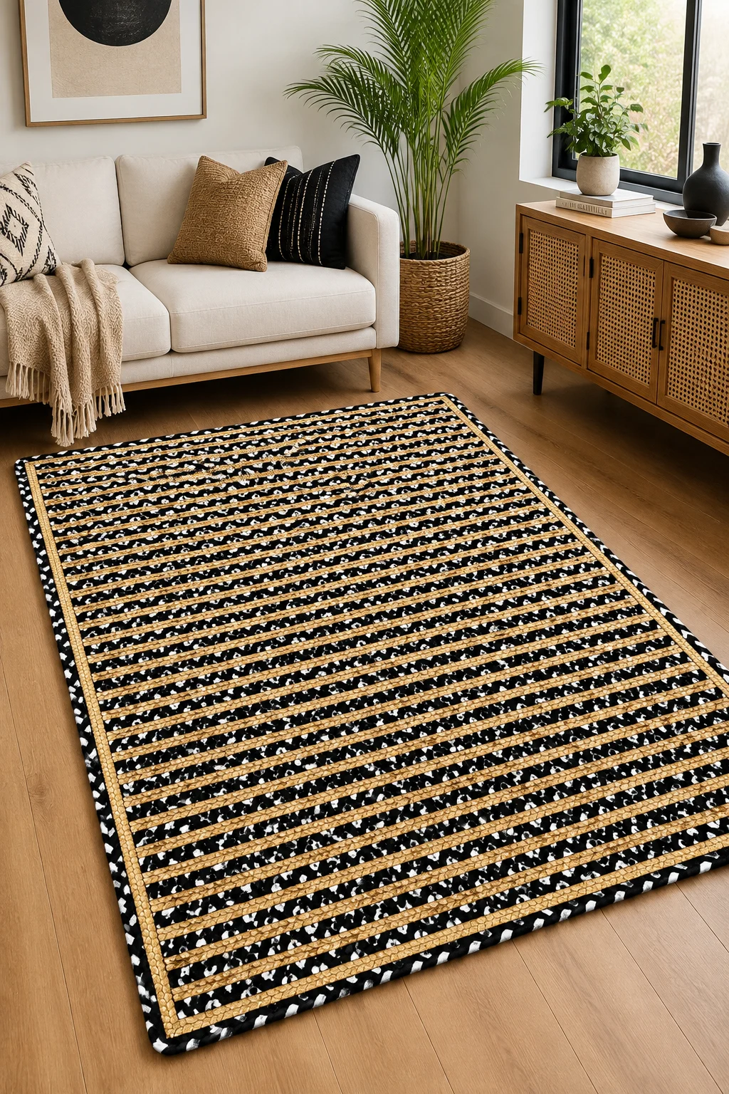 Handmade Black & Natural Braided Cotton Jute Area Rug